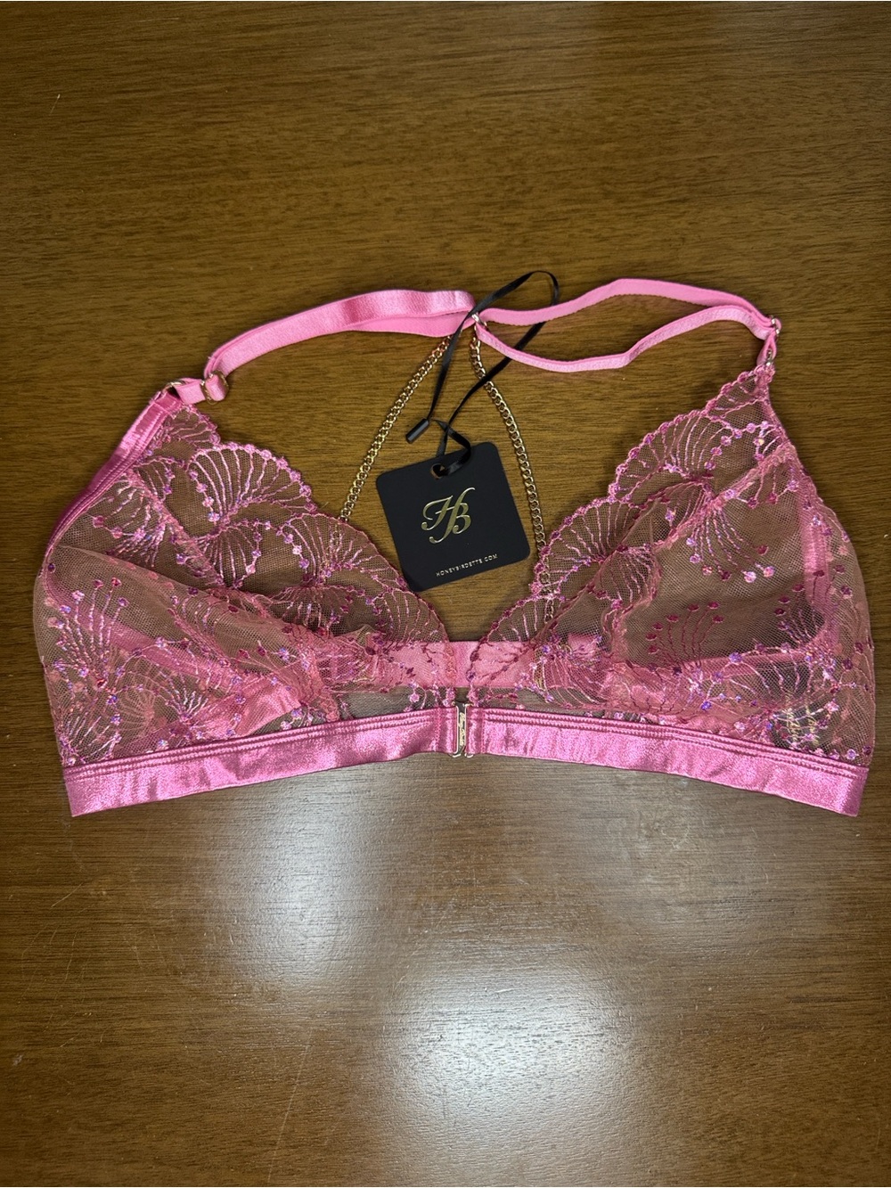 Honey Birdette Pink Lace Bralette with Gold Chain Accent Noelle